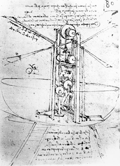 Vertikal stehende Vogelflügel-Flugmaschine, fol. 80r aus dem Pariser Manuskript B, 1488-90 von Leonardo da Vinci